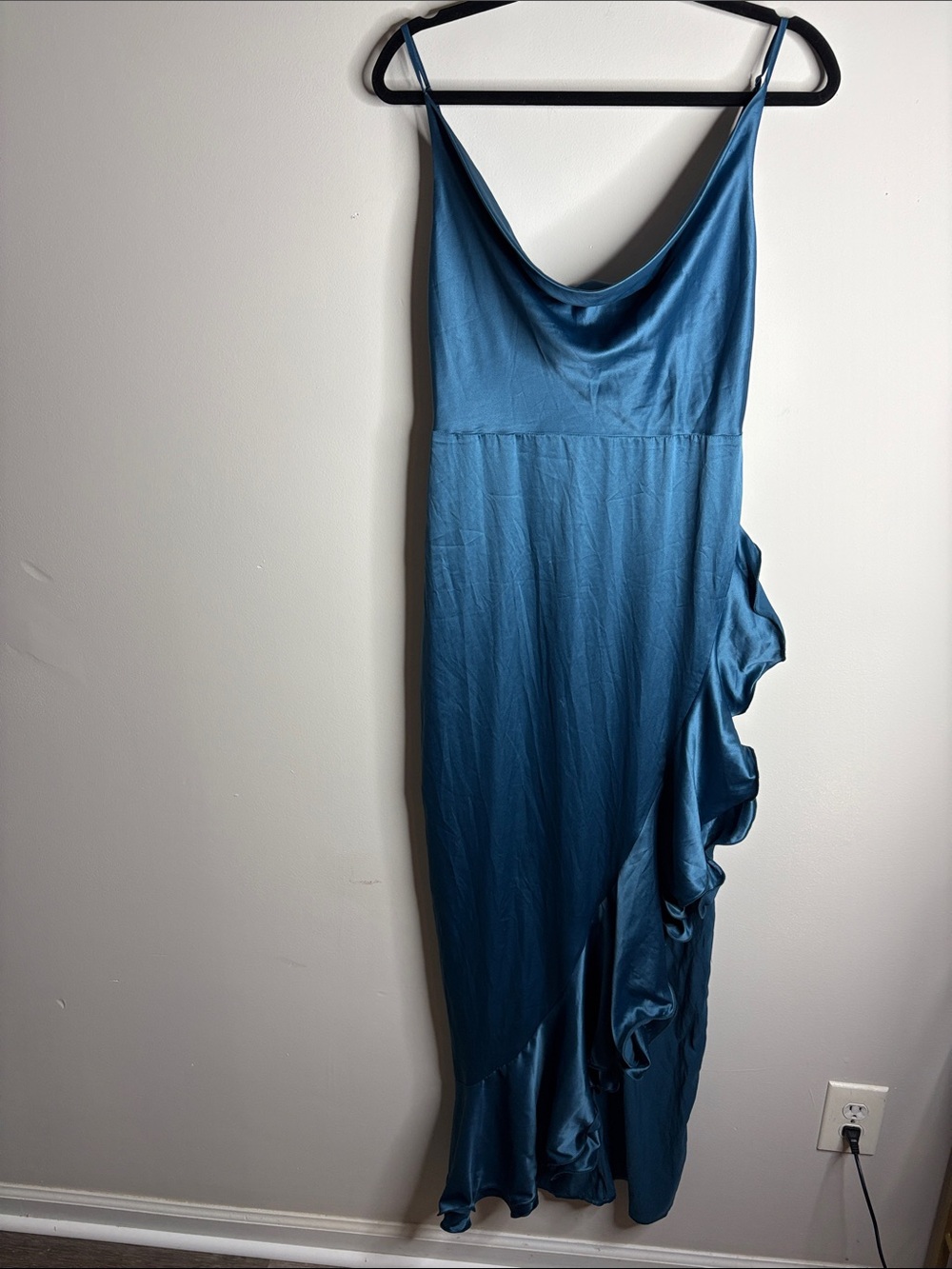 Boohoo Teal Blue Satin Maxi Dress with Side Ruffle